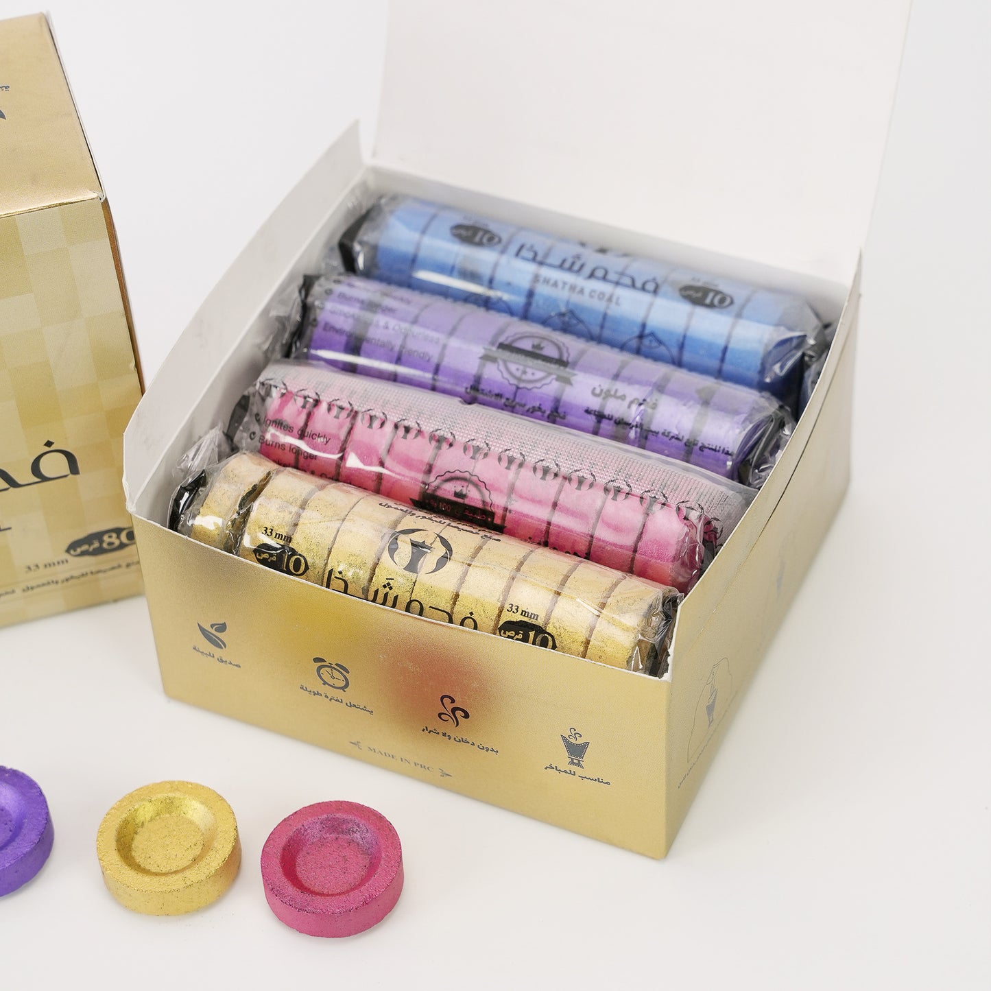 Shatha Incense Charcoal 33mm 80pcs/Box Smokeless Long Lasting Burning 1 Hour (2 Pack(Colorful Box))