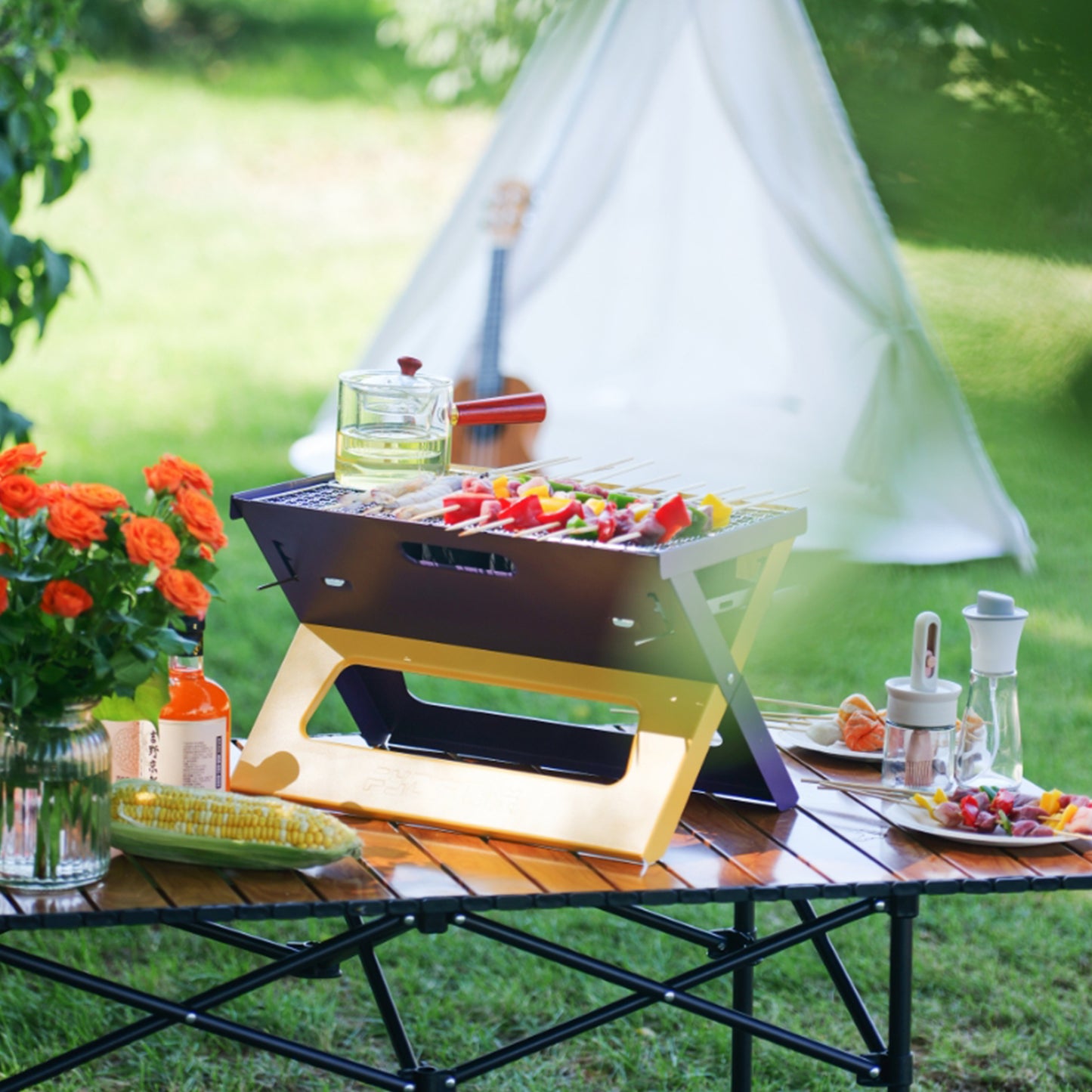Portable Charcoal Grill for Home And Camping - Outdoor Patio Barbecue Set, Bulk Foldable BBQ Smoker Oven