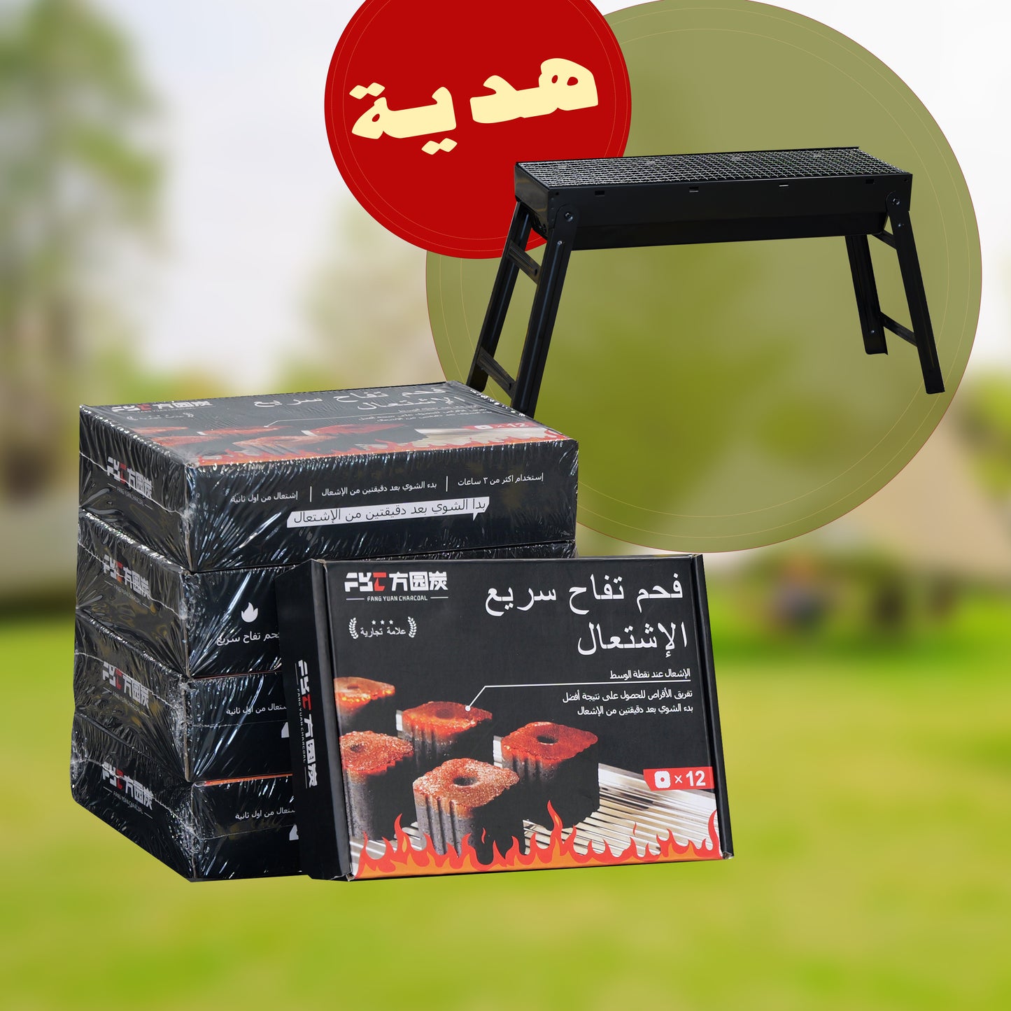 Charcoal 50 * 50mm Natural Fruitwood Quick Lighting Smokeless and Environmentally Friendly Long-lasting Burning(180mins+) 12pcs/box Family Outdoor Camping Campfire (5 Pack+Free Black Grill)