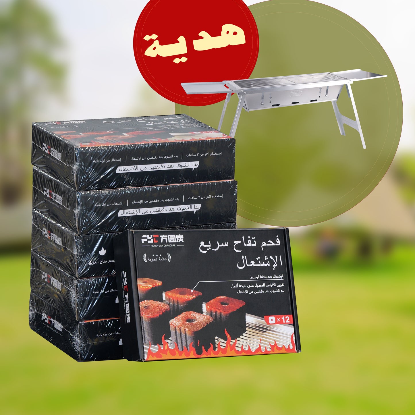 فحم 50 × 50 مم من خشب الفاكهة الطبيعي سريع الإضاءة بدون دخان وصديق للبيئة واحتراق يدوم طويلاً (180 دقيقة فأكثر) 12 قطعة/صندوق للتخييم في الهواء الطلق للعائلة (عبوة من 6 قطع + شواية فضية مجانية 50 سم)